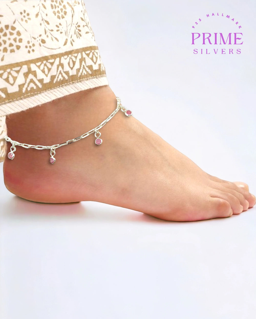 Silver Pink Stone Charms Payal -925 Hallmarked Silver