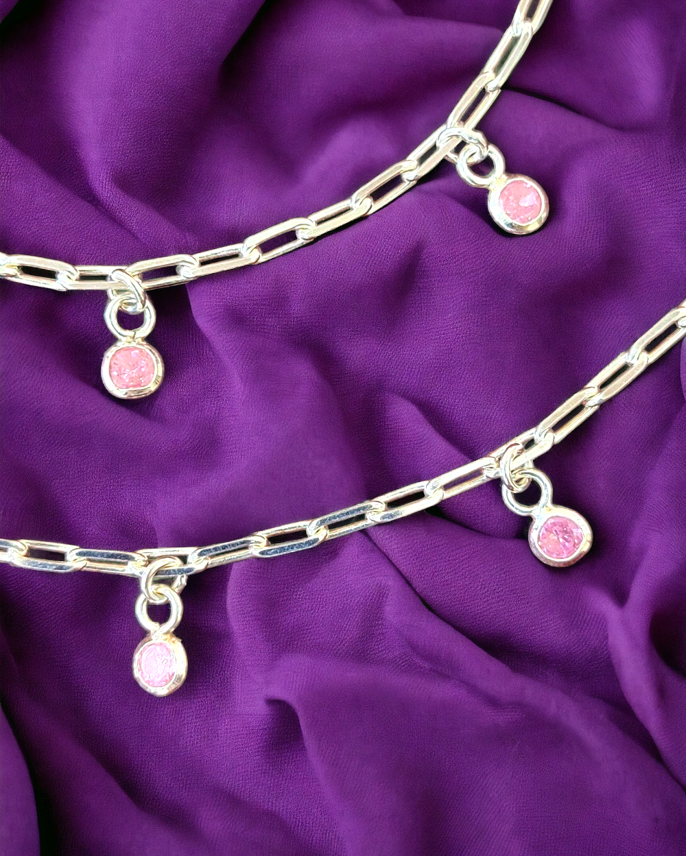 Silver Pink Stone Charms Payal -925 Hallmarked Silver