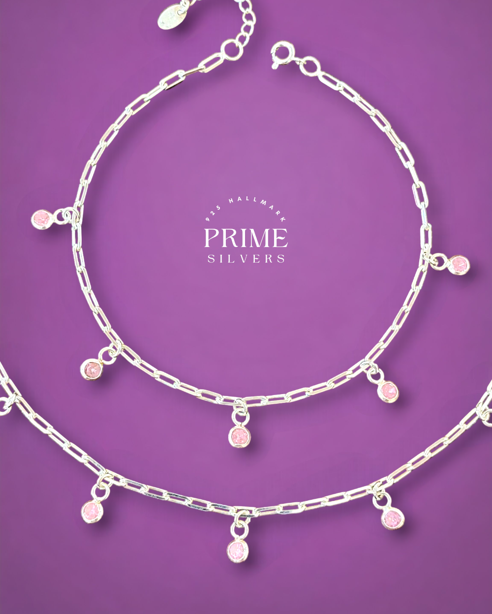 Silver Pink Stone Charms Payal -925 Hallmarked Silver