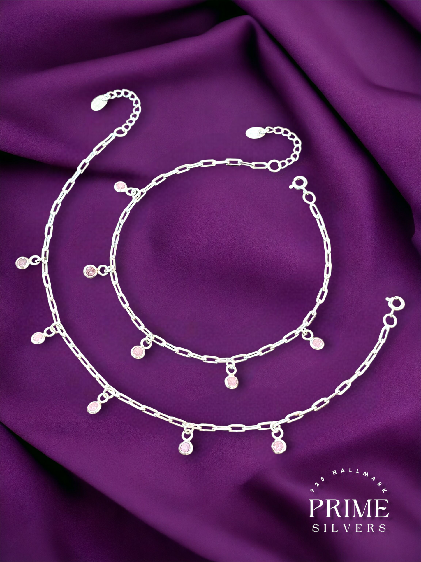 Silver Pink Stone Charms Payal -925 Hallmarked Silver